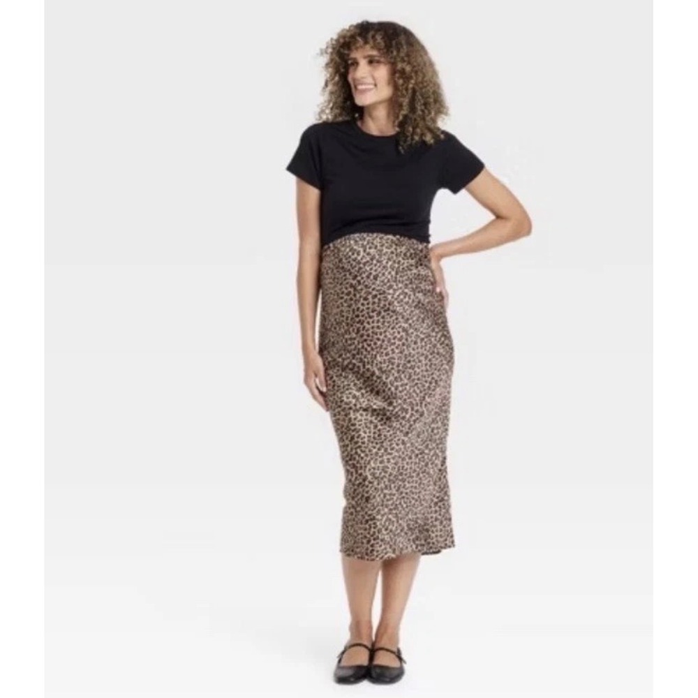 Isabel by Ingrid & Isabel Maternity Leopard Print Midi Skirt XL Brown Satin Slit - Picture 1 of 9